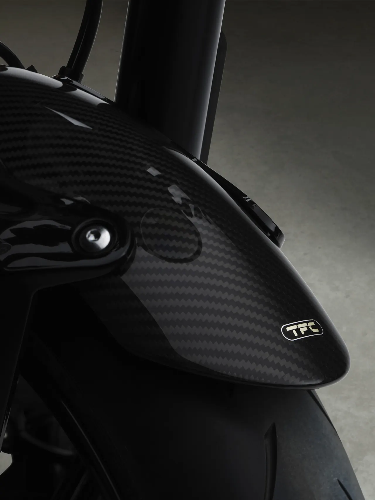 Primer plano del guardabarros delantero de fibra de carbono de la Speed Twin 1200 TFC
