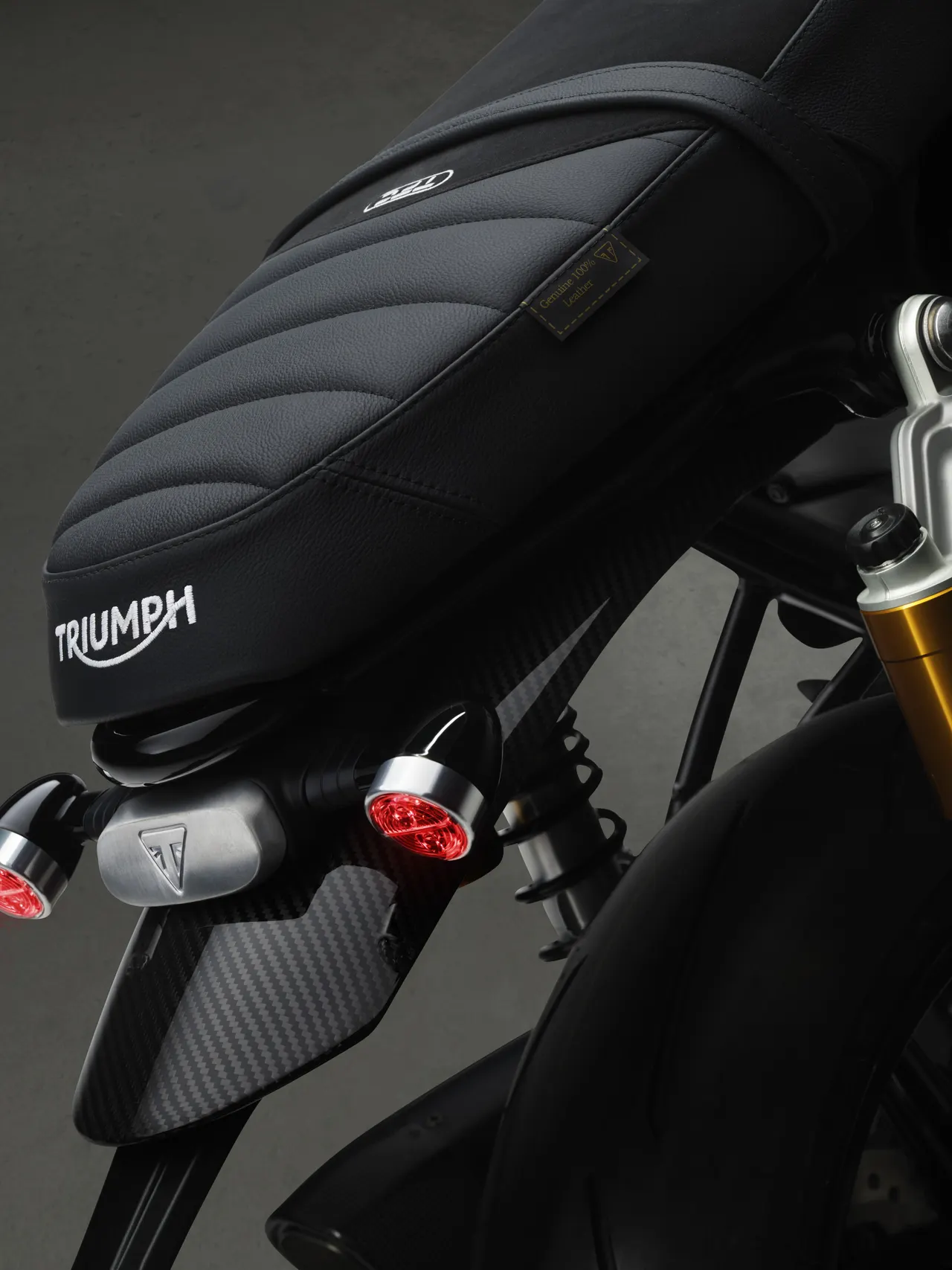 Primer plano del asiento acolchado y las luces traseras de la Speed Twin 1200 TFC